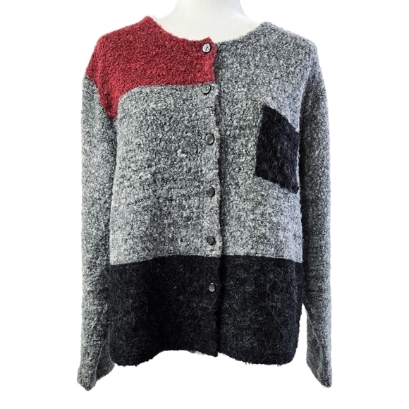 Coldwater Creek Mohair Wool Blend Gray Colorblock Button-up Boxy Fuzzy Cardigan - Picture 1 of 8